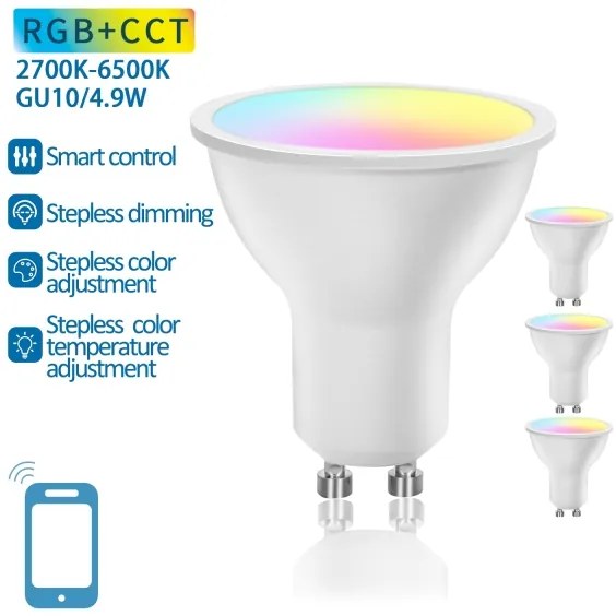 Set 4x Bec LED RGBW smart, cu intensitate reglabilă, GU10, 4,9W, 230V, 2700-6500K - Aigostar