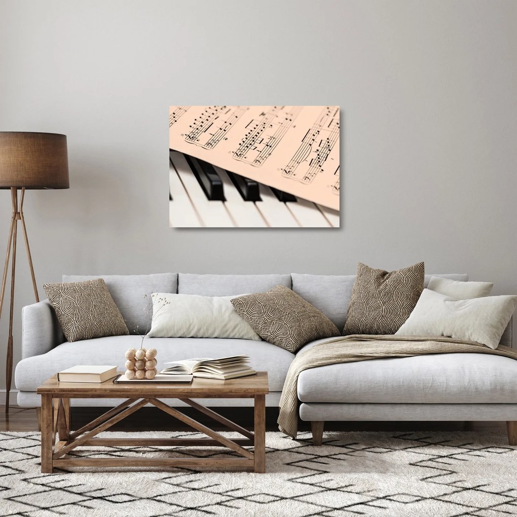 Tablou pe sticlă cu pian și notele muzicale (70x50 cm)