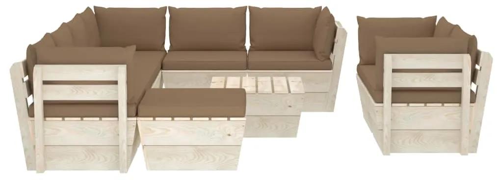 Set mobilier gradina din paleti cu perne, 10 piese, lemn molid Gri taupe, 5x colt + 3x mijloc + masa + suport pentru picioare, 1