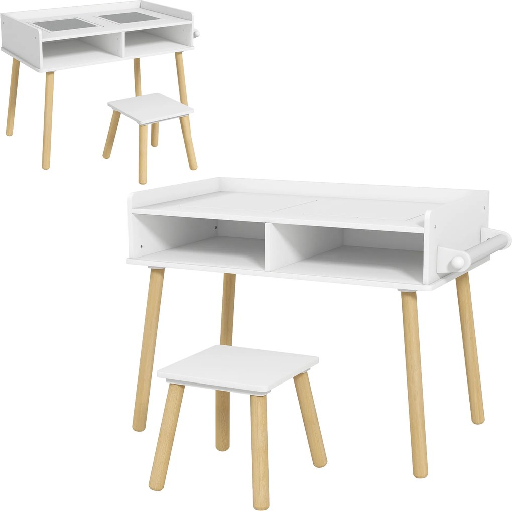 HOMCOM Set de Masă și Scaun pentru Copii, Masă de Activități pentru Copii Mici 3 în 1 cu Tablă de Construcție, 87x45x59.5 cm, Alb | Aosom Romania