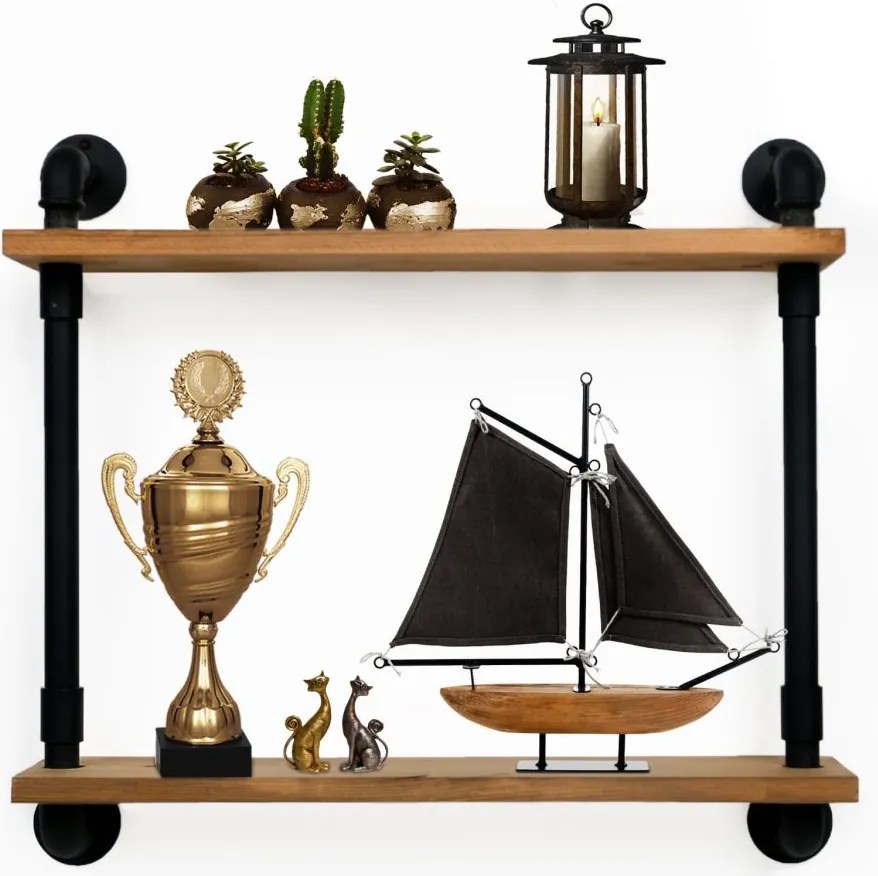 Raft cu 2 polite stil industrial din lemn-metal Homs 50x48x12 cm