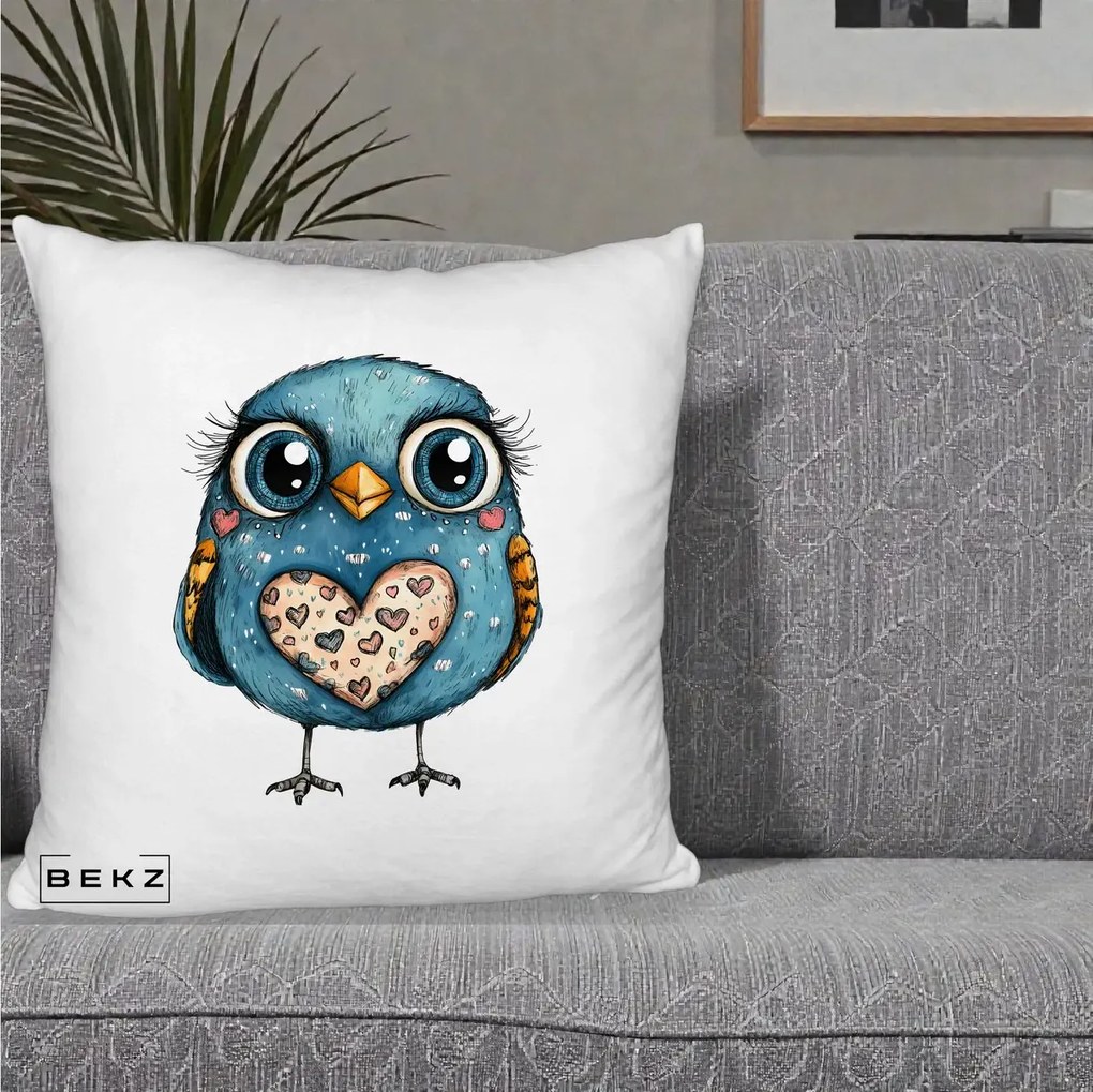 Perna Decorativa Bufnita Albastra cu Inimioare, 40x40 cm, Alb Pufos, Husa Detasabila, Perna Inclusa, BEKZ®