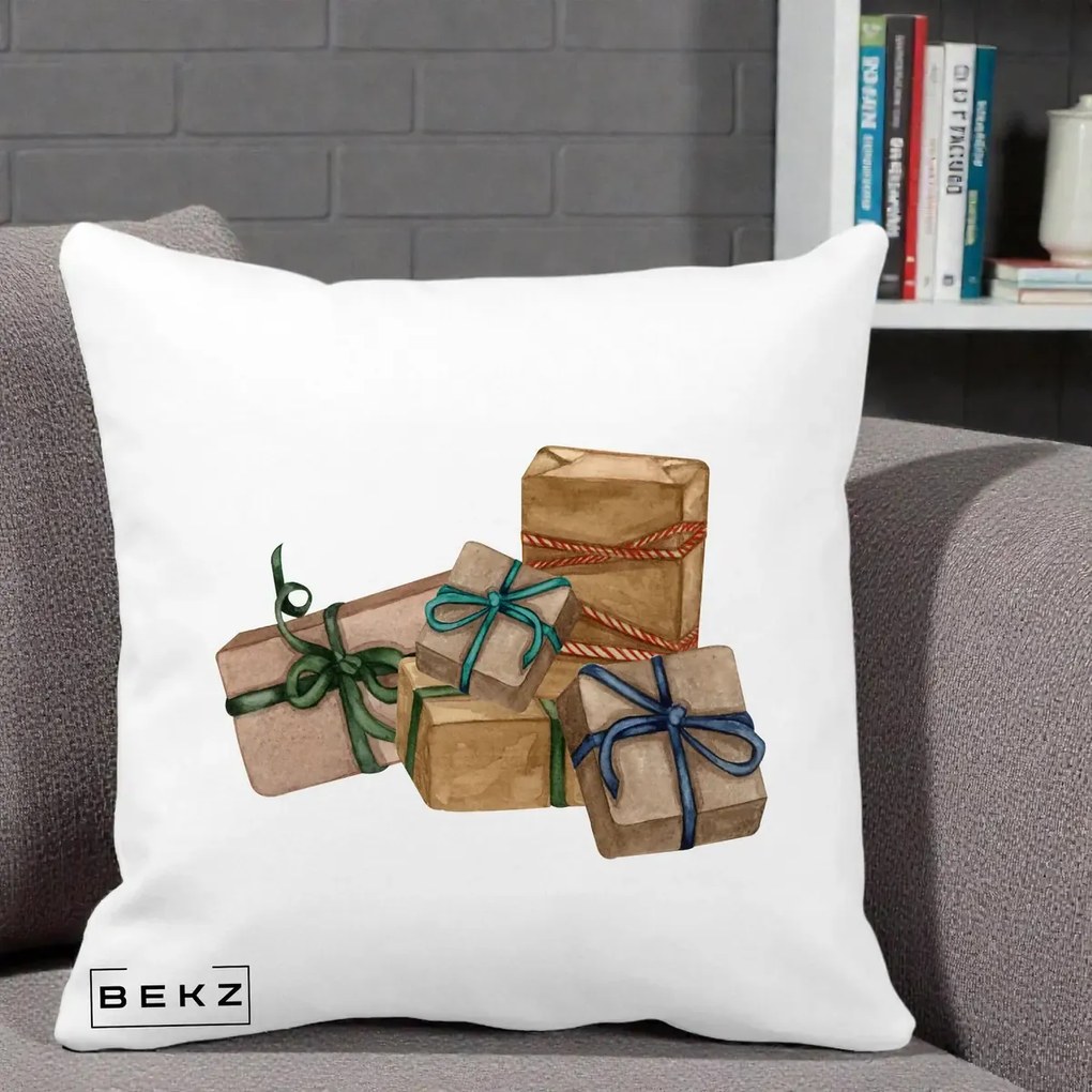 Perna Decorativa Cadouri de Craciun Kraft, 40x40 cm, Alba Mata, Husa Detasabila, Perna Inclusa, BEKZ®