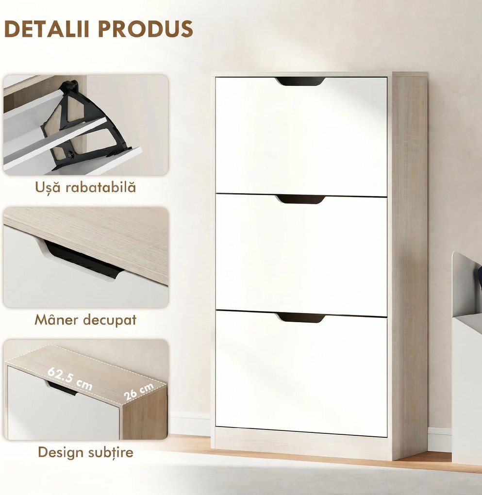 HOMCOM Dulap pentru Pantofi Economizor de Spațiu 3 Sertare Culoare Lemn E Alb | Aosom Romania
