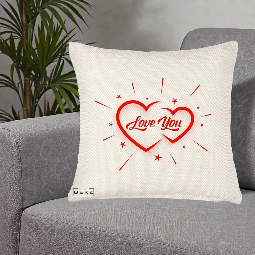 Cadou Romantic - Perna Personalizata Love You Doua Inimi, 40x40 cm, Crem Reliefat, Husa Detasabila, Perna Inclusa, BEKZ®