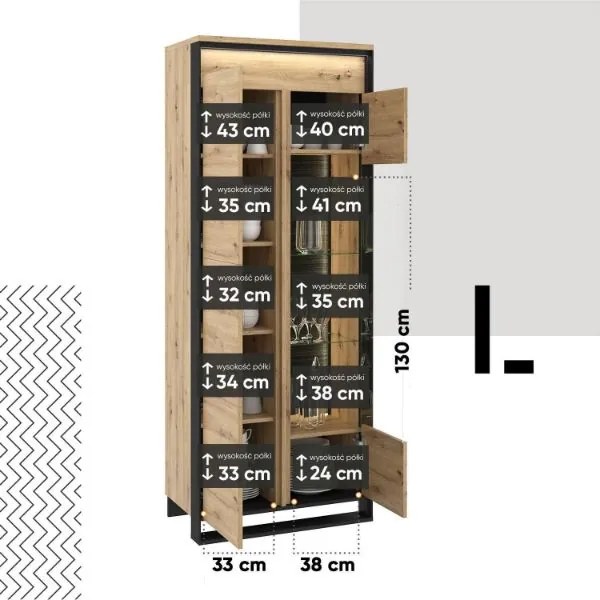 Vitrina inalta cu 2 usi LED stejar salbatic/negru Quant