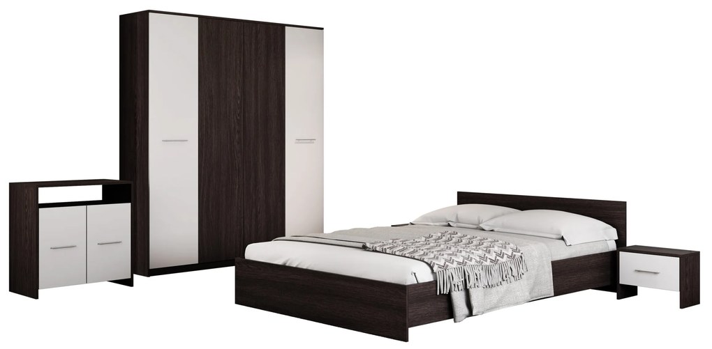 Dormitor Luiza 4U5P, culoare magia (wenge) / alb, cu pat standard 160 x 200 cm, dulap cu 4 usi, comoda si 2 noptiere