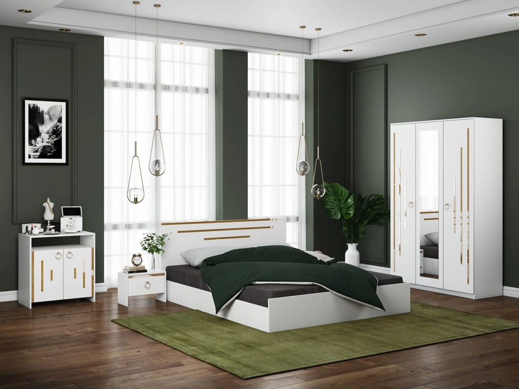 Dormitor Gold, culoare alb / auriu, pat standard 160x200 cm, dulap 123 cm, comoda si 2 noptiere