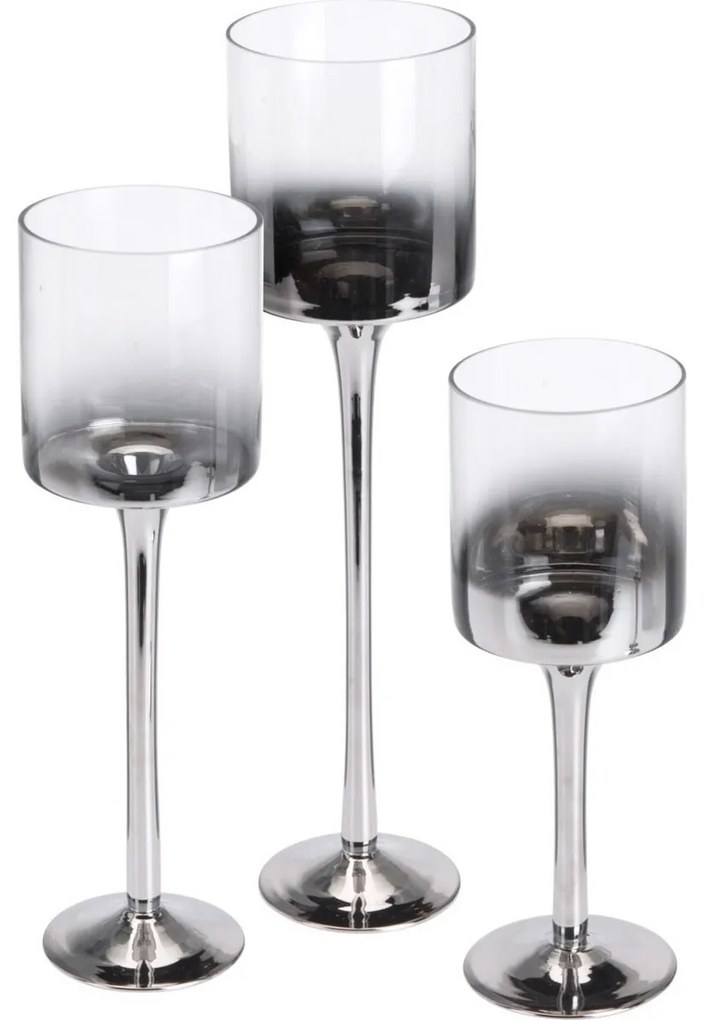 Set de sfeșnice Home&styling, 3 bucăți, sticlăgri-argintiu