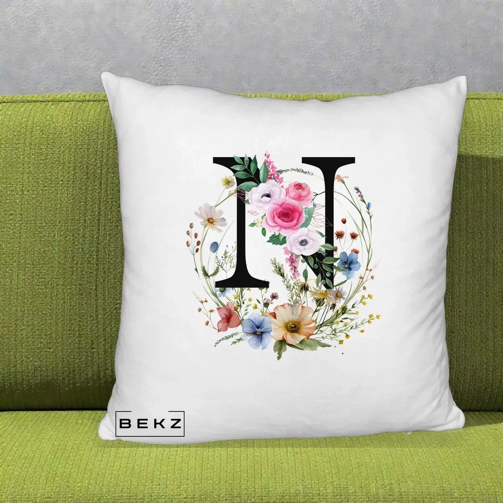 Cadou Personalizat - Perna Personalizata Monogram Litera N cu Flori Acuarela, 40x40 cm, Alb Pufos, Husa Detasabila, Perna Inclusa, BEKZ®