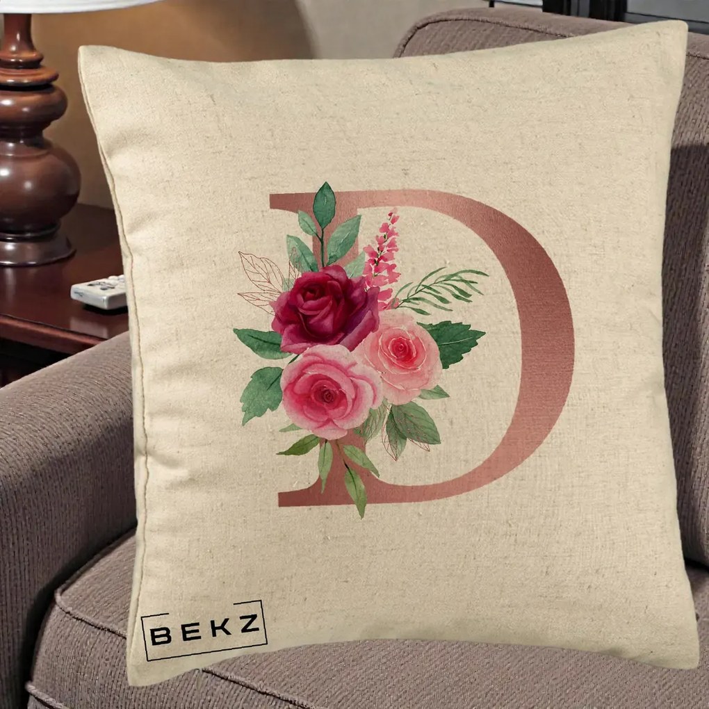 Cadou Personalizat - Perna Personalizata Monograma Rose Gold Litera D, 40x40 cm, Bej, Husa Detasabila, Perna Inclusa, BEKZ®