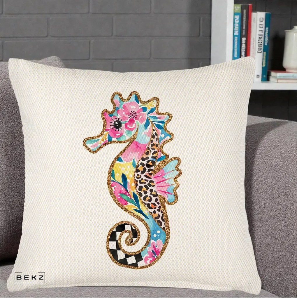 Perna Decorativa Calut de Mare Glitter Tropical, 40x40 cm, Crem Reliefat, Husa Detasabila, Perna Inclusa, BEKZ®
