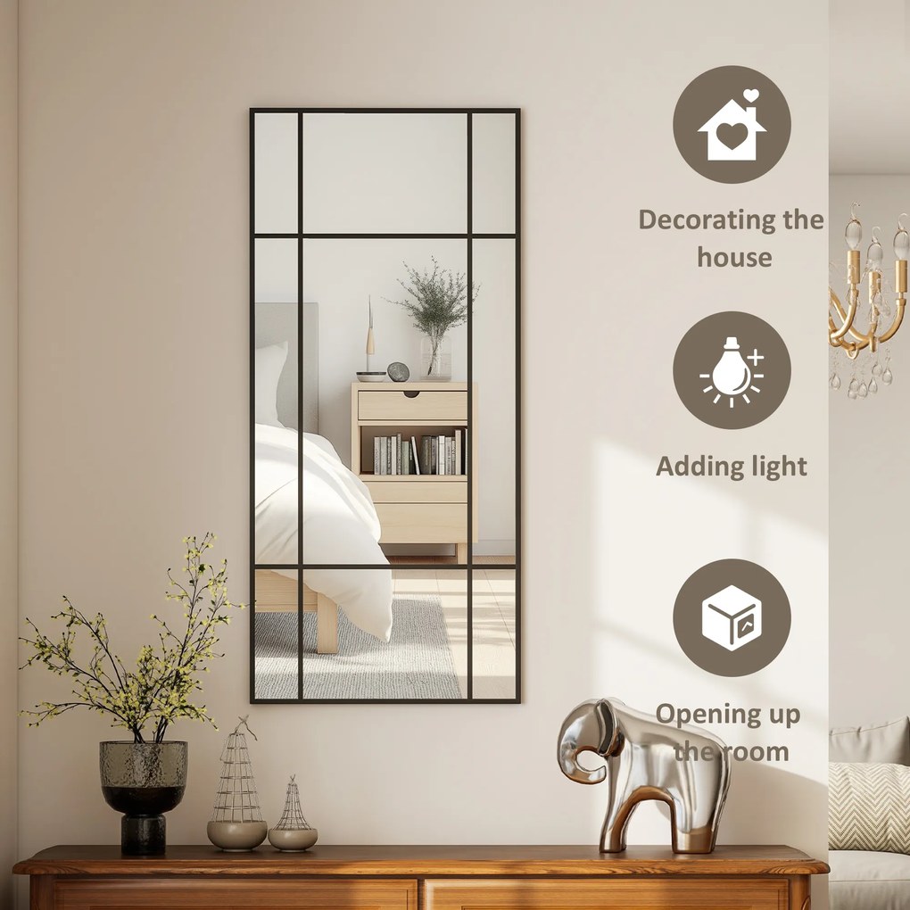 HOMCOM Oglindă de Perete Stil Fereastră Montaj Vertical Orizontal 110x50cm Negru | Aosom Romania