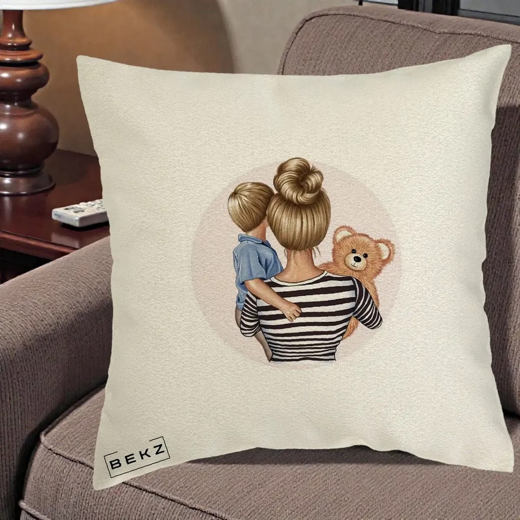 Cadou pentru Mama - Perna Personalizata Mama si Baietelul cu Ursulet, 40x40 cm, Ecru, Husa Detasabila, Perna Inclusa, BEKZ®