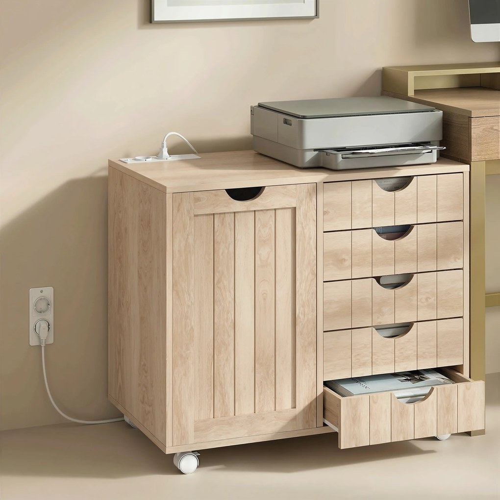 HOMCOM Mobilier pentru imprimantă cu stație de încărcare și roți 5 sertare porturi USB poliță reglabilă natural | Aosom Romania