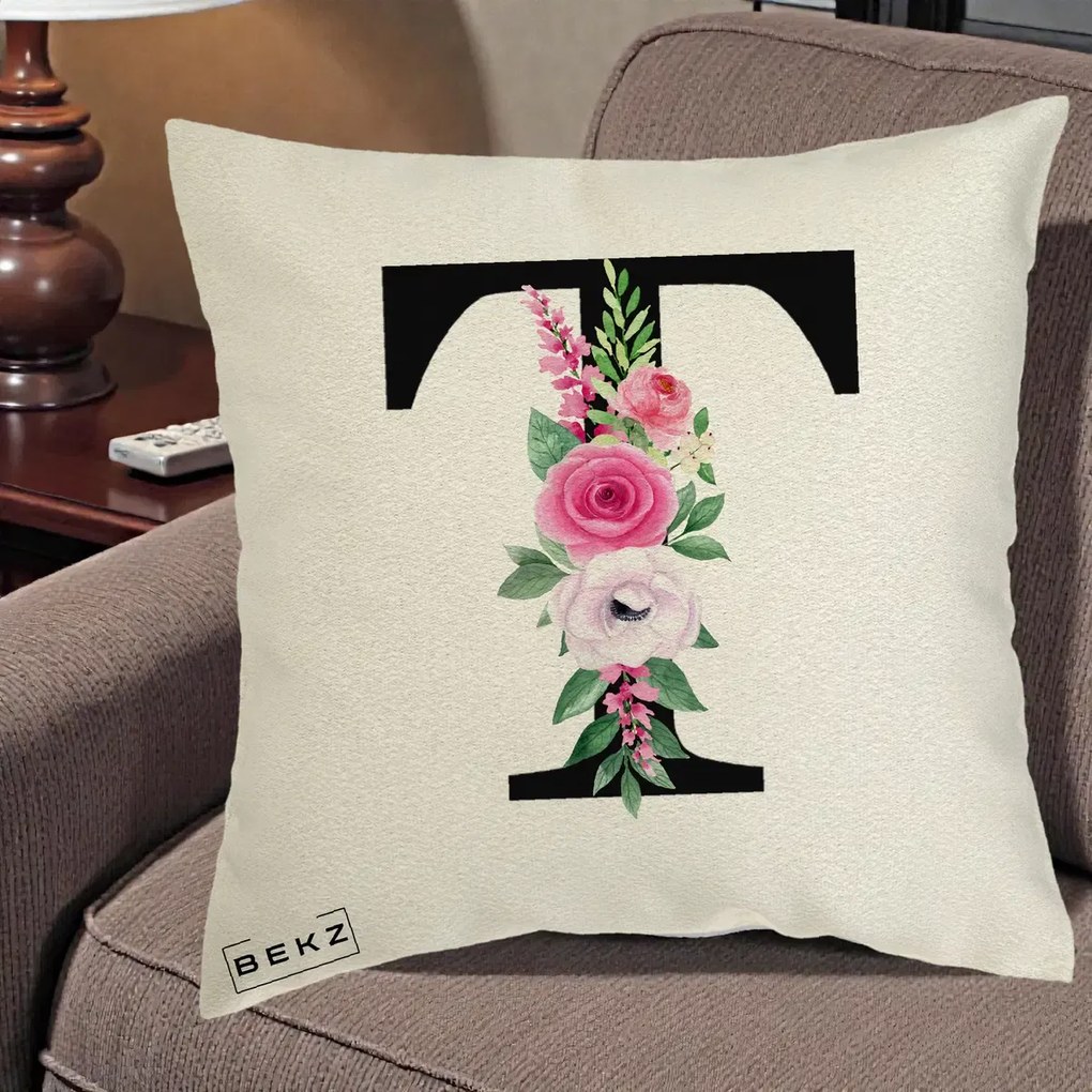Cadou Personalizat - Perna Personalizata Monograma Florala Litera T, 40x40 cm, Ecru, Husa Detasabila, Perna Inclusa, BEKZ®