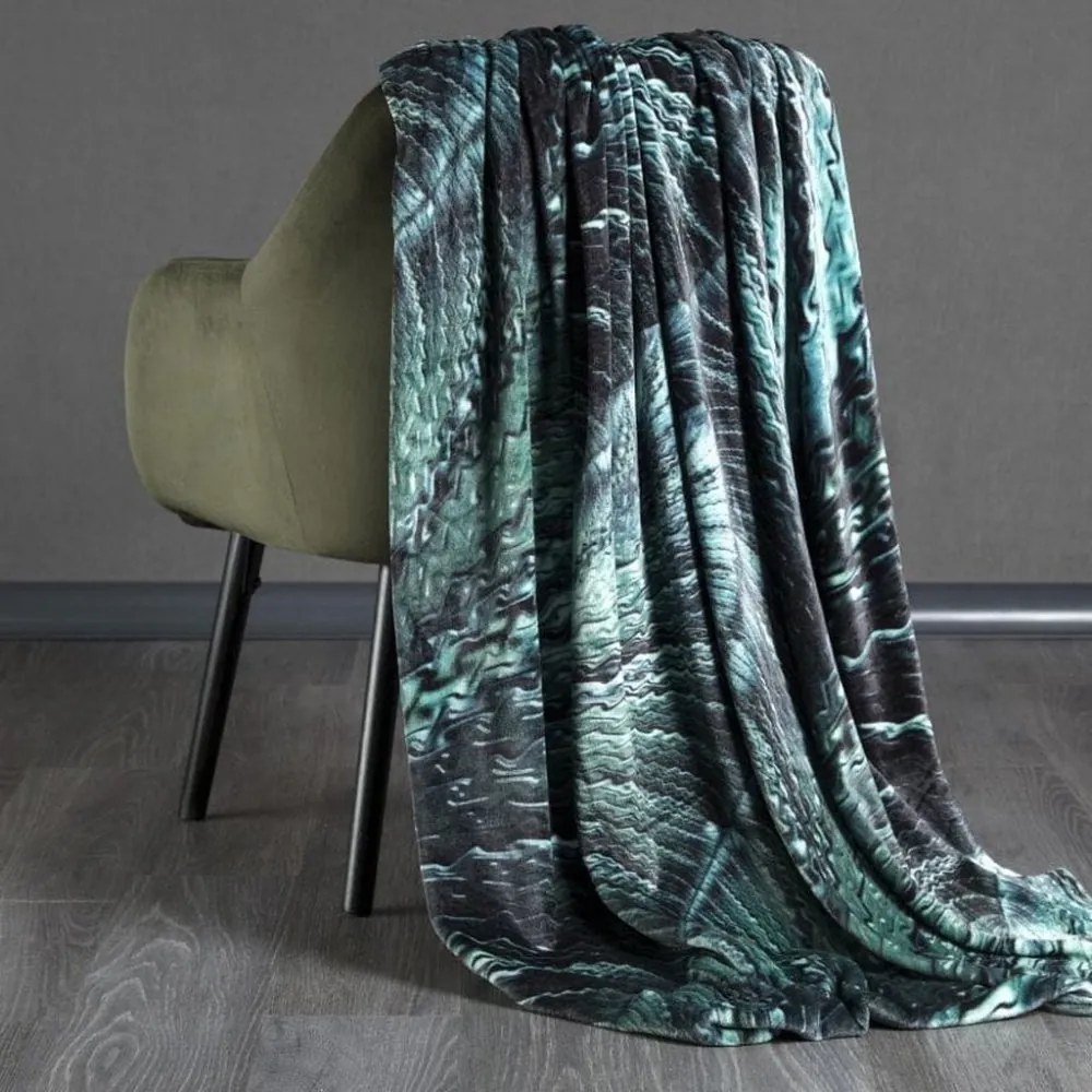 Pătură luxoasă de culoare verde-negru, cu motiv cu frunze abstracte 150 x 200 cm Lăţime: 150 cm | Lungime: 200 cm