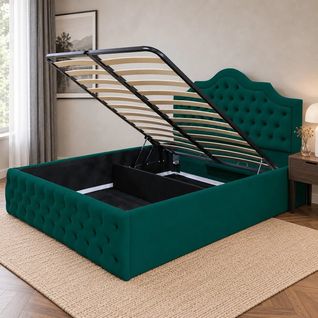 Pat tapițat din catifea Imperio cu nasturi 160×200 cm, verde, cu ladă de depozitare