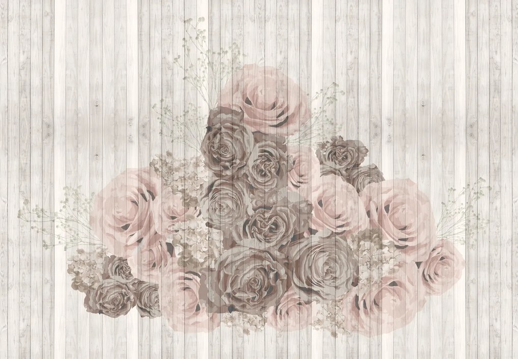 Fototapet - Flori in scânduri de lemn (147x102 cm)