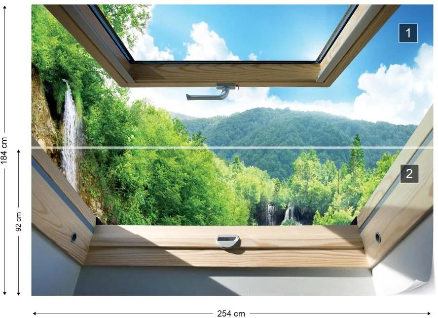 GLIX Fototapet - Waterfall Forest 3D Skylight Window View Vliesová tapeta  - 254x184 cm