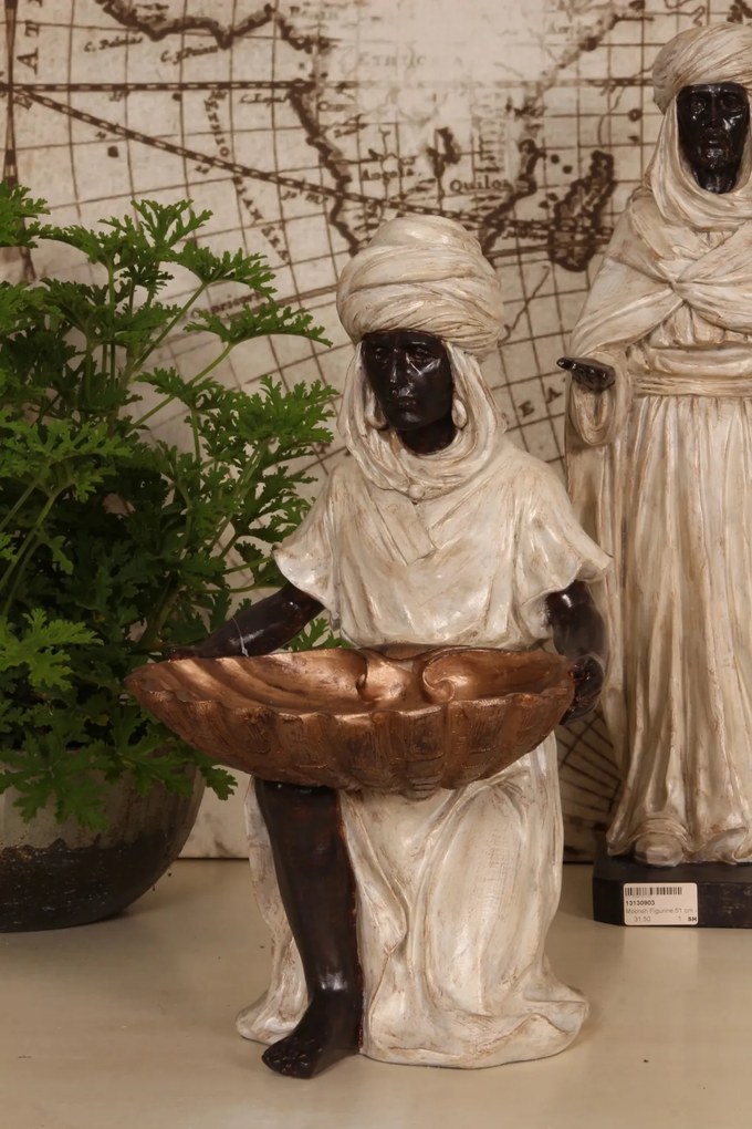 Statuetă decorativă din polirășină, crem și auriu, siluetă maură îngenuncheată, cu bol în formă de cochilie, 36,5 x 26 cm, „Grenade”