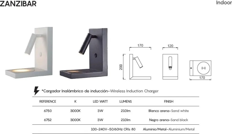 Aplica cu reader LED, incarcator wireless ZANZIBAR negru