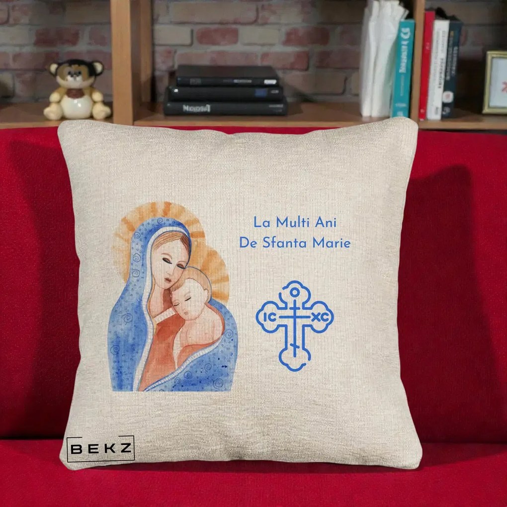 Cadou de Onomastica - Perna Personalizata Sfanta Marie Icoana Acuarela, 40x40 cm, Bej Canapea, Husa Detasabila, Perna Inclusa, BEKZ®