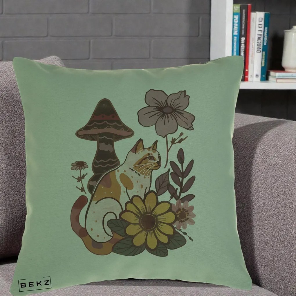 Perna Decorativa Pisica Vintage Florala Boho, 40x40 cm, Verde, Husa Detasabila, Perna Inclusa, BEKZ®