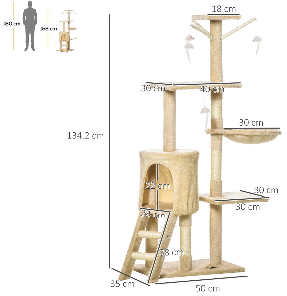 Copac Ascutit Unghii PawHut cu Cusca pentru Pisici in Lemn Sisal Natural, Bej, 40x30x131cm | Aosom Romania