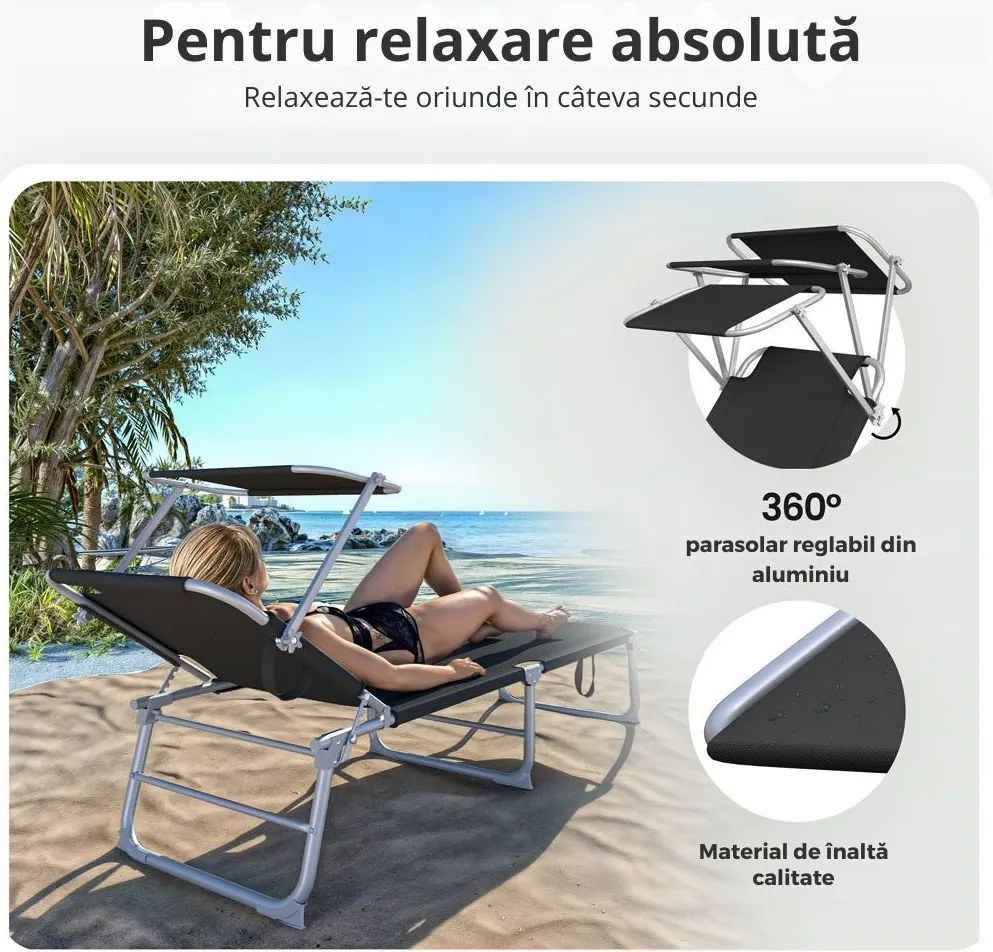 Șezlong de grădină HAWAII cu copertină reglabilă, 195x60x30cm, negru Casaria