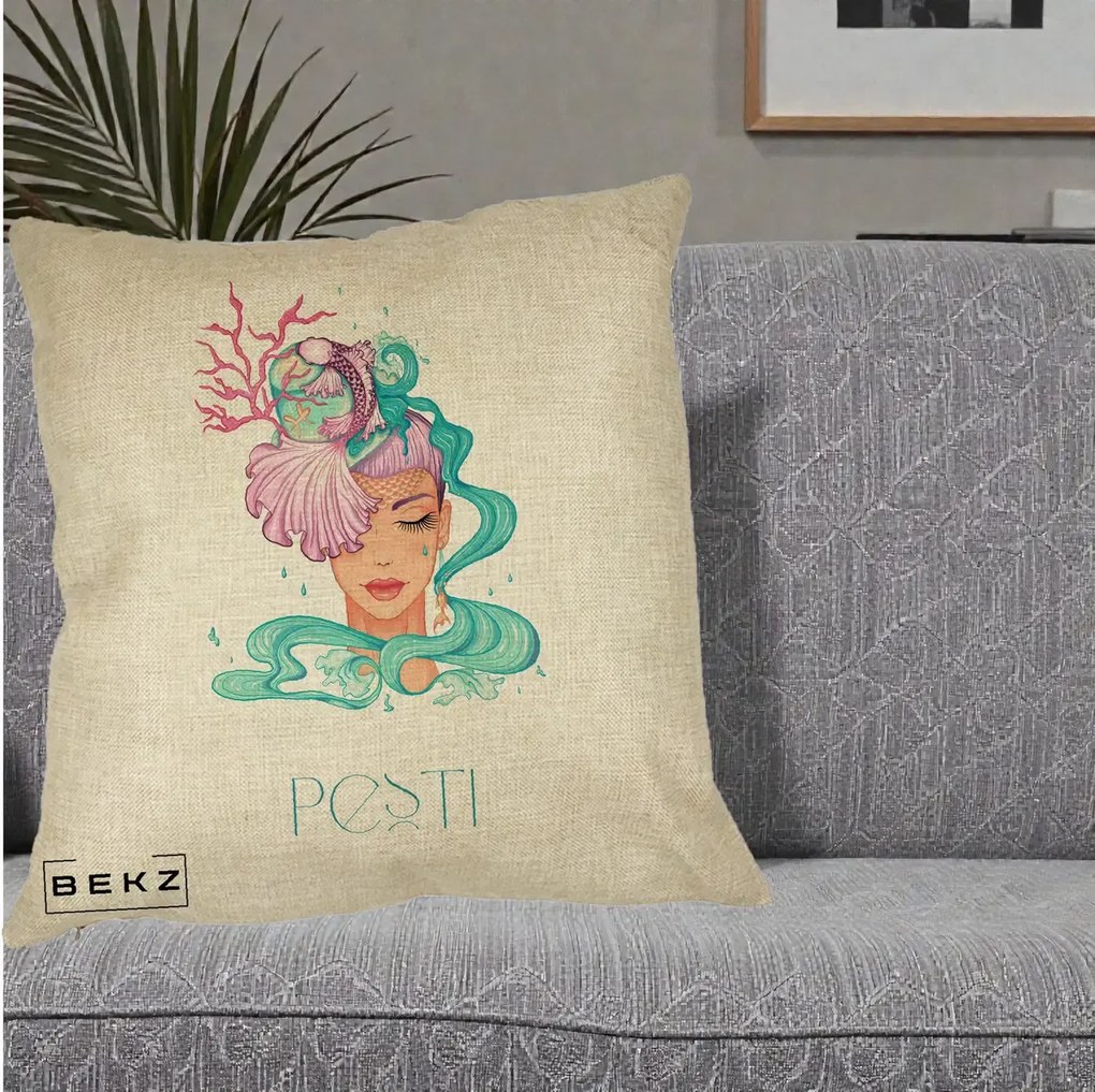 Perna Personalizata Zodiac Pesti Cowgirl, 40x40 cm, Crem, Husa Detasabila, Perna Inclusa, BEKZ®