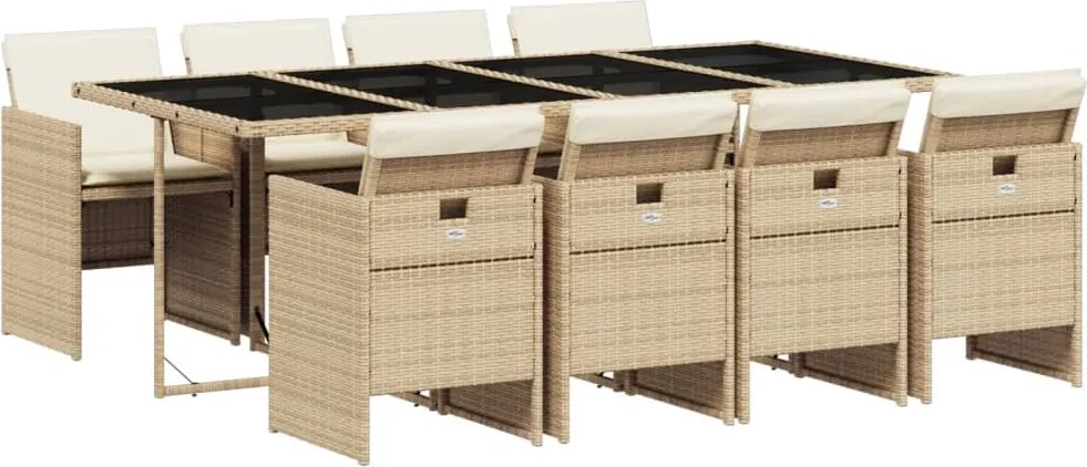 vidaXL Set de masă pentru grădină, 9 piese, cu perne, bej, poliratan