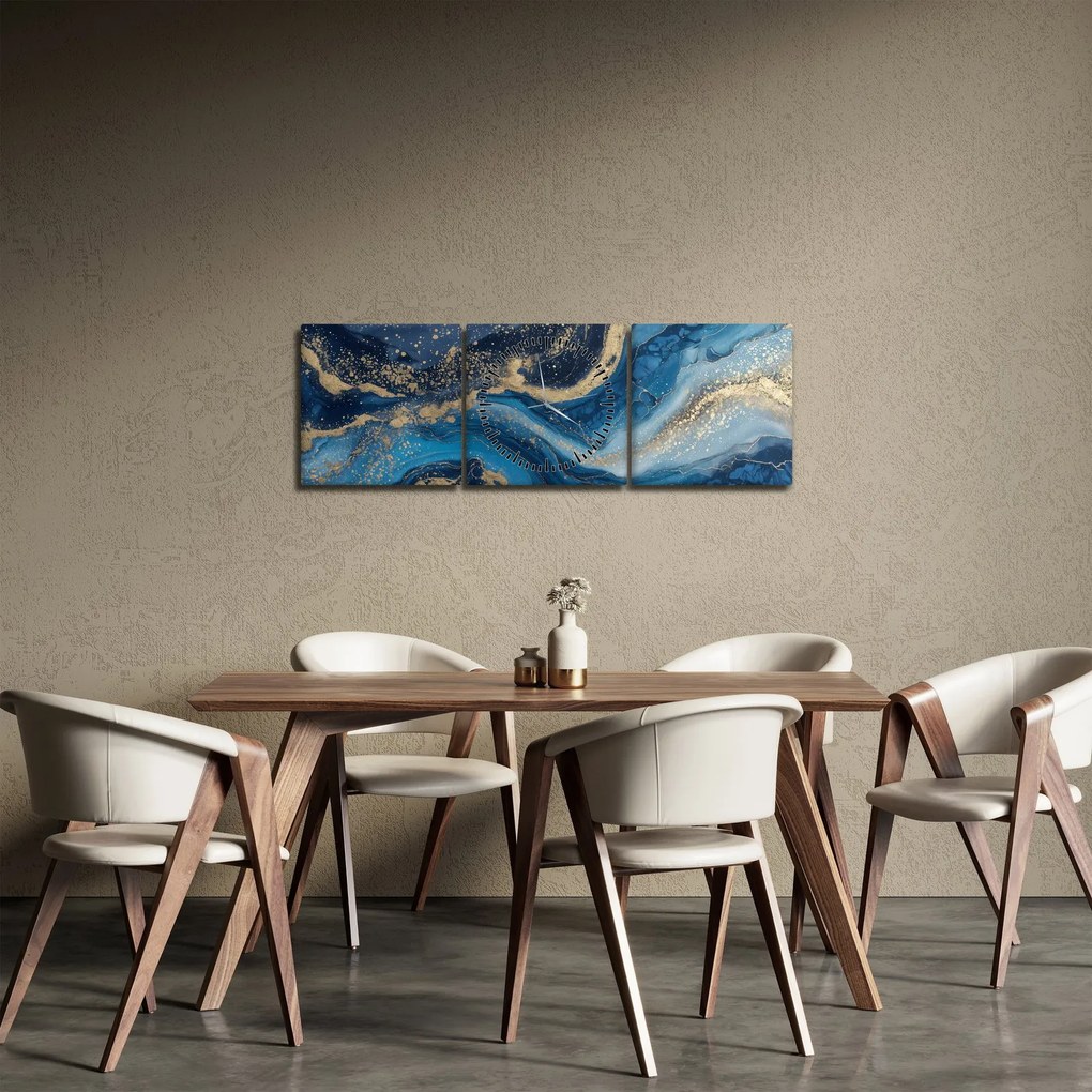 Tablou - Marmură abstractă albastru-aurie (cu ceas) (90x30 cm)