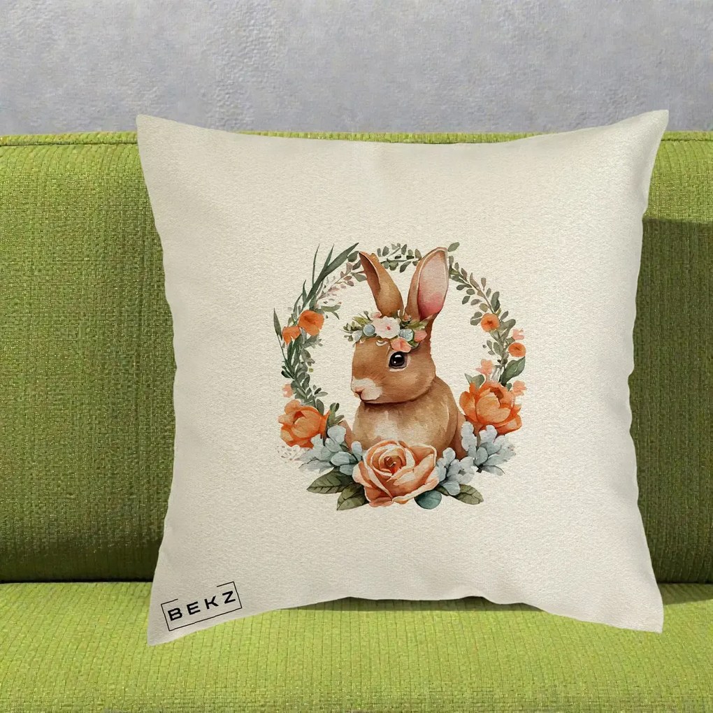 Perna Decorativa Iepuras Floral Coronita Acuarela, 40x40 cm, Ecru, Husa Detasabila, Perna Inclusa, BEKZ®