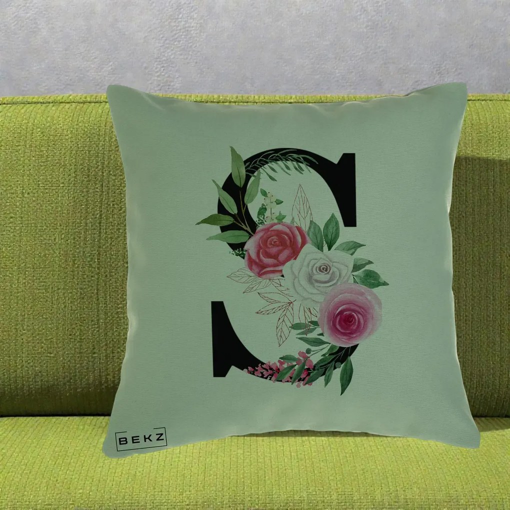 Cadou Personalizat - Perna Personalizata Monograma Florala Litera S, 40x40 cm, Verde, Husa Detasabila, Perna Inclusa, BEKZ®