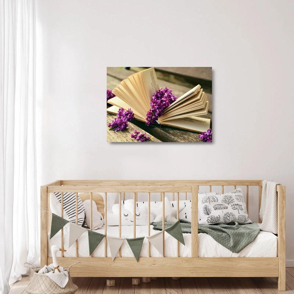 Tablou pe sticlă cu carte și floare violetă (70x50 cm)