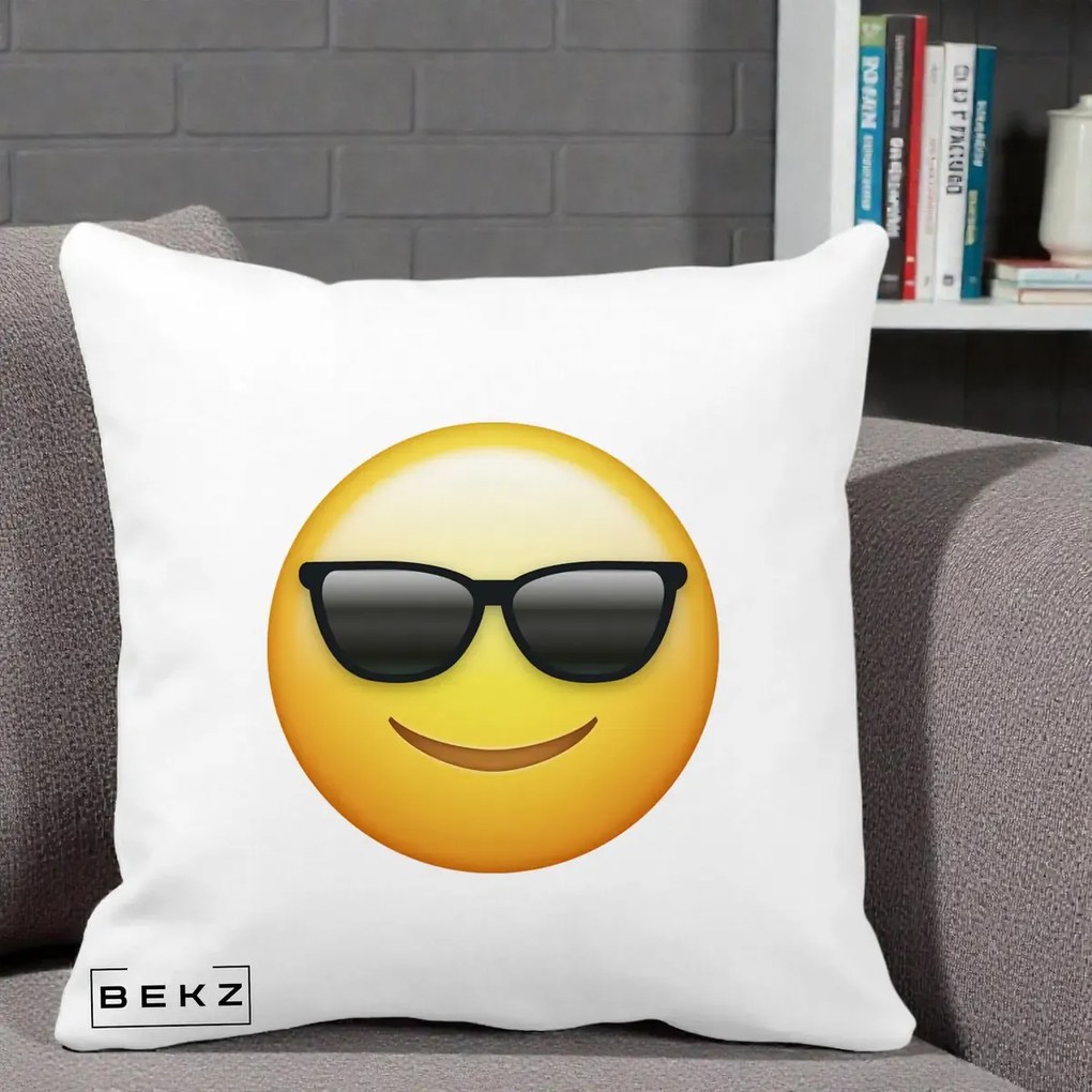 Perna Decorativa Emoji Cool Ochelari, 40x40 cm, Alba Mata, Husa Detasabila, Perna Inclusa, BEKZ®