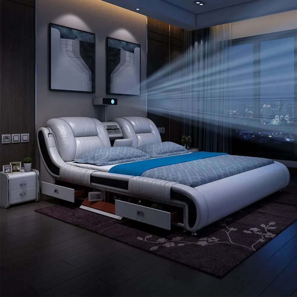MOB05 Premium 180x200 cm Light Grey Right Drawer – Pat Inteligent Premium cu Proiector, Purificator de Aer, Vibromasaj, Boxe Bluetooth, Seif Integrat și Spații de Depozitare