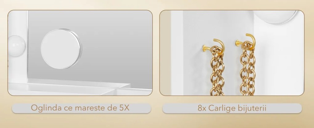 Masuta machiaj cu Oglinda LED si 5 Sertare pentru Cosmetice, Set Masa toaleta 108 cm, Alb, masuta cosmetica, vanity - SEA911