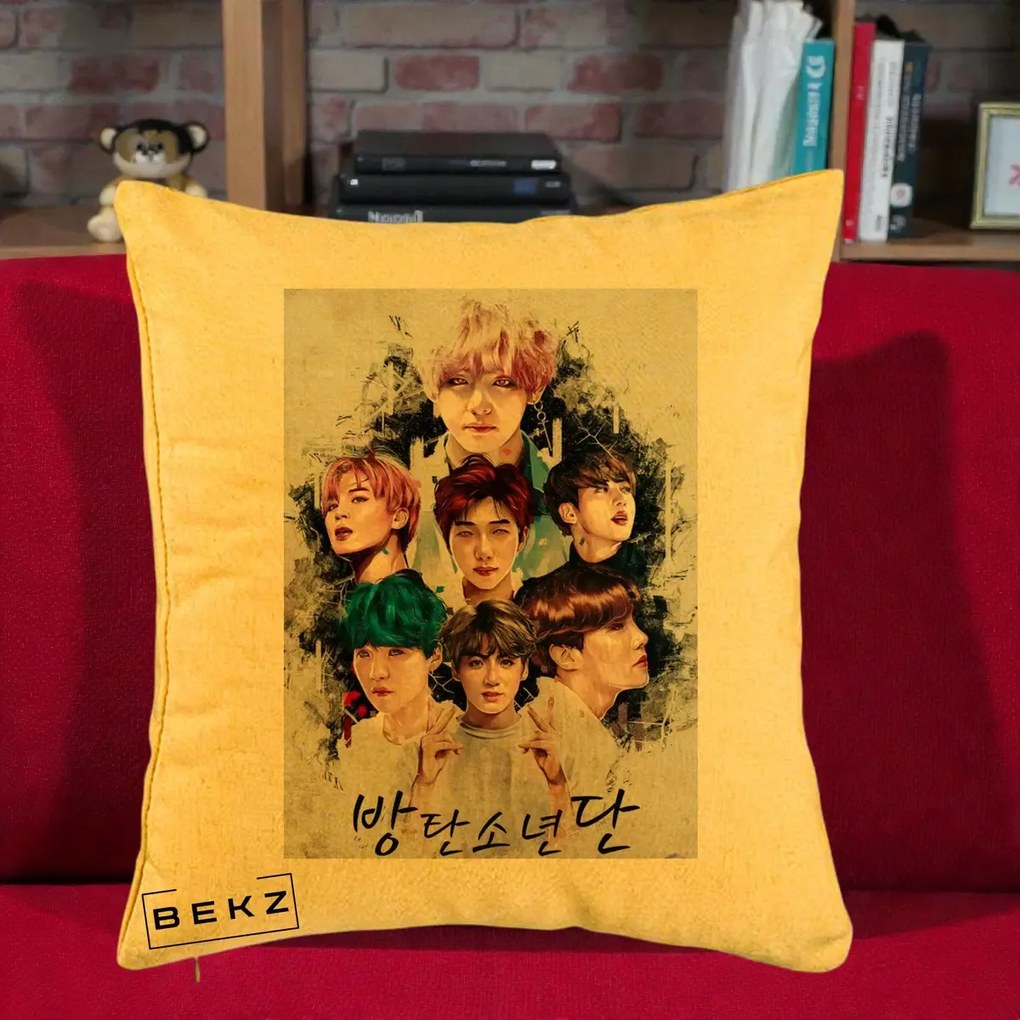 Perna Personalizata K-pop BTS Bangtan Boys Poster Artistic Negru Alb, 40x40 cm, Galben, Husa Detasabila, Perna Inclusa, BEKZ®