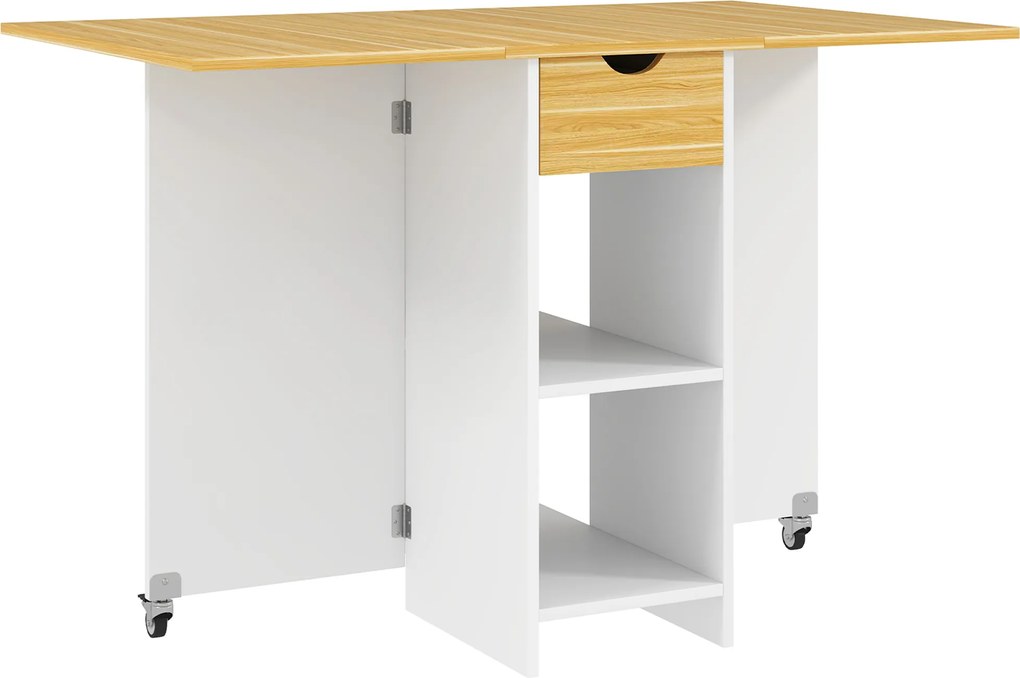 HOMCOM Masă Pliabilă, Masă Rabatabilă pentru 2-4 Persoane cu Sertar, 2 Rafturi și 2 Roți, 114,5x70x75 cm, Stejar | Aosom Romania