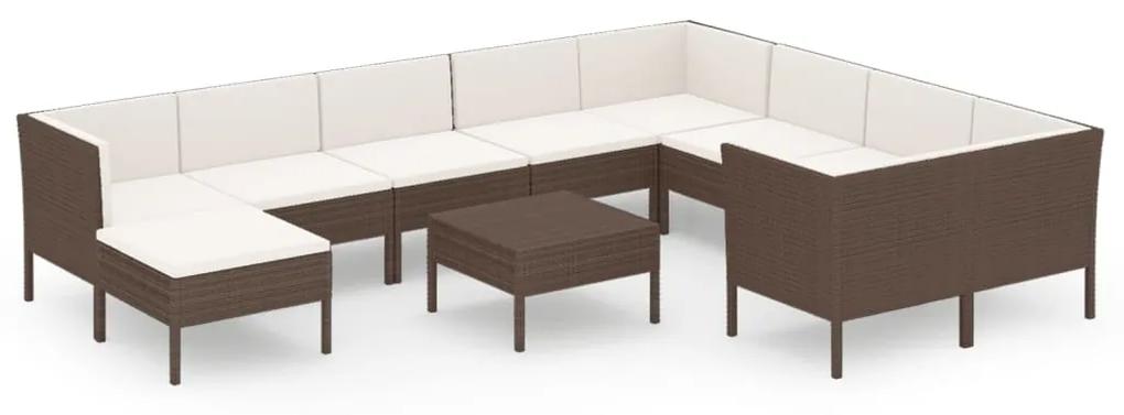 Set mobilier de gradina cu perne, 11 piese, maro, poliratan 4x colt + 5x mijloc + suport pentru picioare + masa, 1