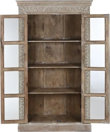 Vitrină sculptată manual din lemn masiv de mango, finisaj décapé alb, 2 uși vitrate, 3 rafturi, 120×44×210 cm, „Jaipur"