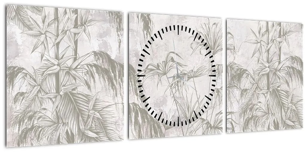 Tablou - Plante tropicale pe perete gri (cu ceas) (90x30 cm)
