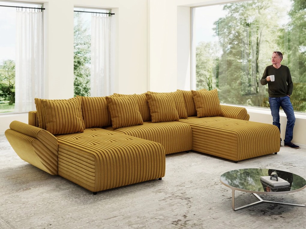 Colțar extensibil dumonde cu ladă de depozitare si sezut confortabil din spuma high-density, Berlin U Ambiance Mustar 380x180 cm