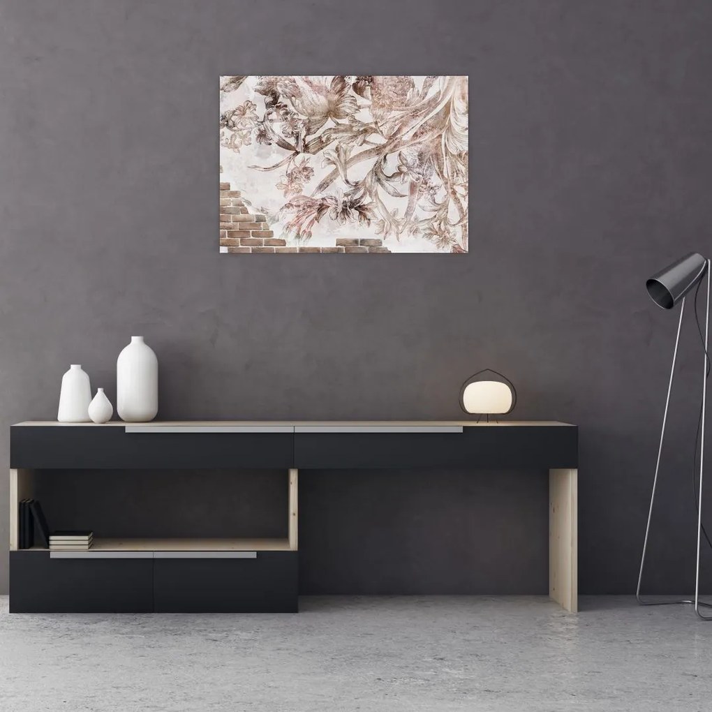 Tablou pe sticlă - Frescă florală pe un perete de cărămidă (70x50 cm)