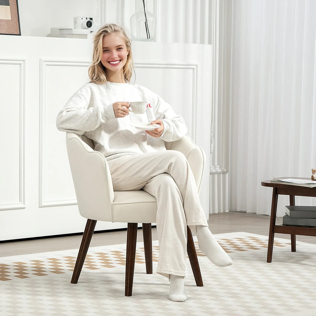 HOMCOM Scaun tip Scoica Scaun de Living Dormitor cu Spatar si Perne Aspect Catifea Picioare din Lemn de Caučiuc, Crem | Aosom Romania
