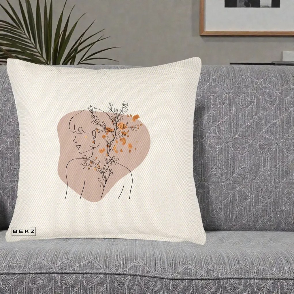 Perna Decorativa Femeie cu Flori Line Art Boho, 40x40 cm, Crem Reliefat, Husa Detasabila, Perna Inclusa, BEKZ®