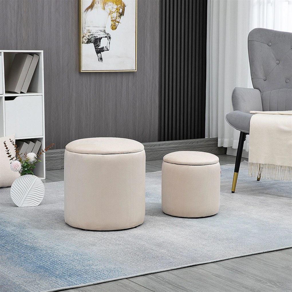HOMCOM Set de 2 Pouf-uri pentru Depozitare Salvaspazio Rotunde și Îmbunătățite din Catifea cu Nervuri, Alb | Aosom Romania