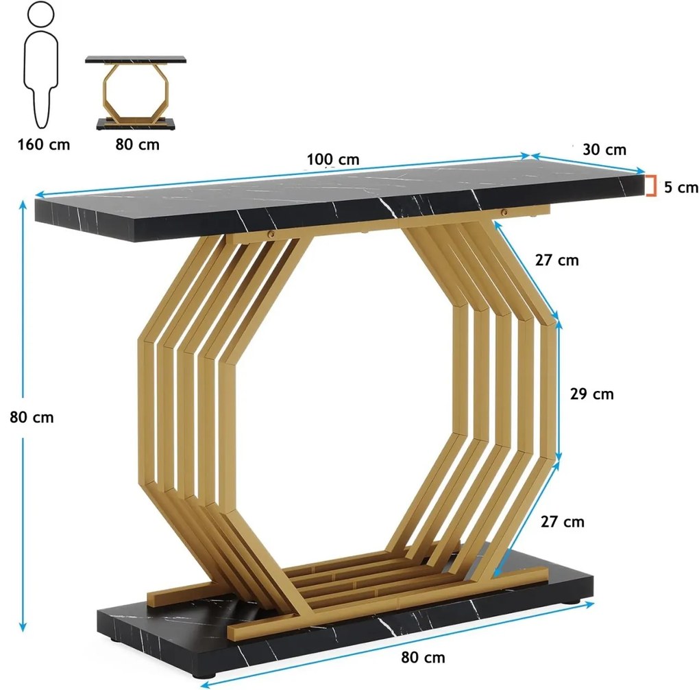 MAUN1 - Masa Consola Octogonala, 100 cm, masuta hol, living, dormitor - Auriu - Negru Imitatie de Marmura